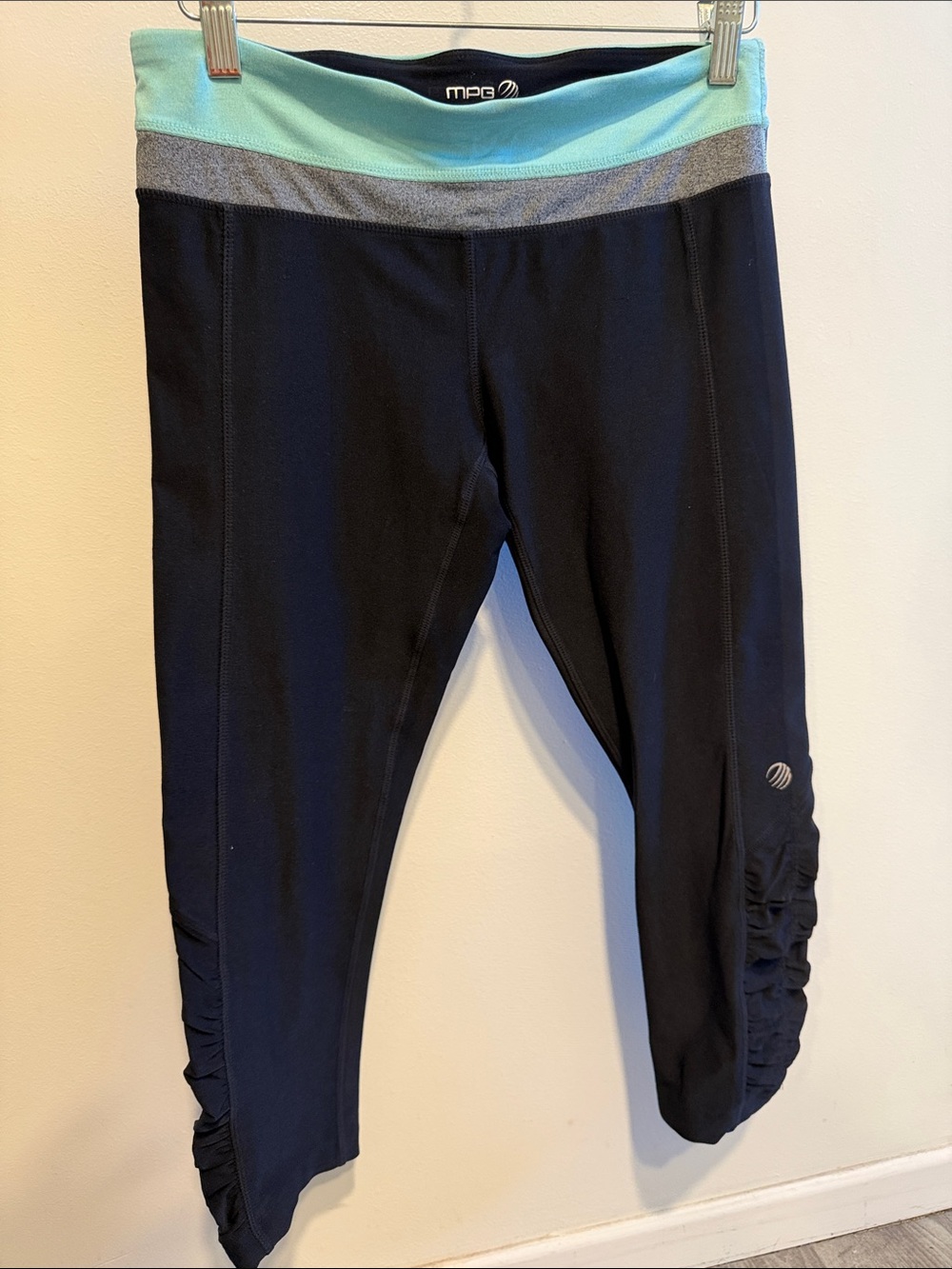 MPG Black Capri Leggings with Mint and Gray Waistband